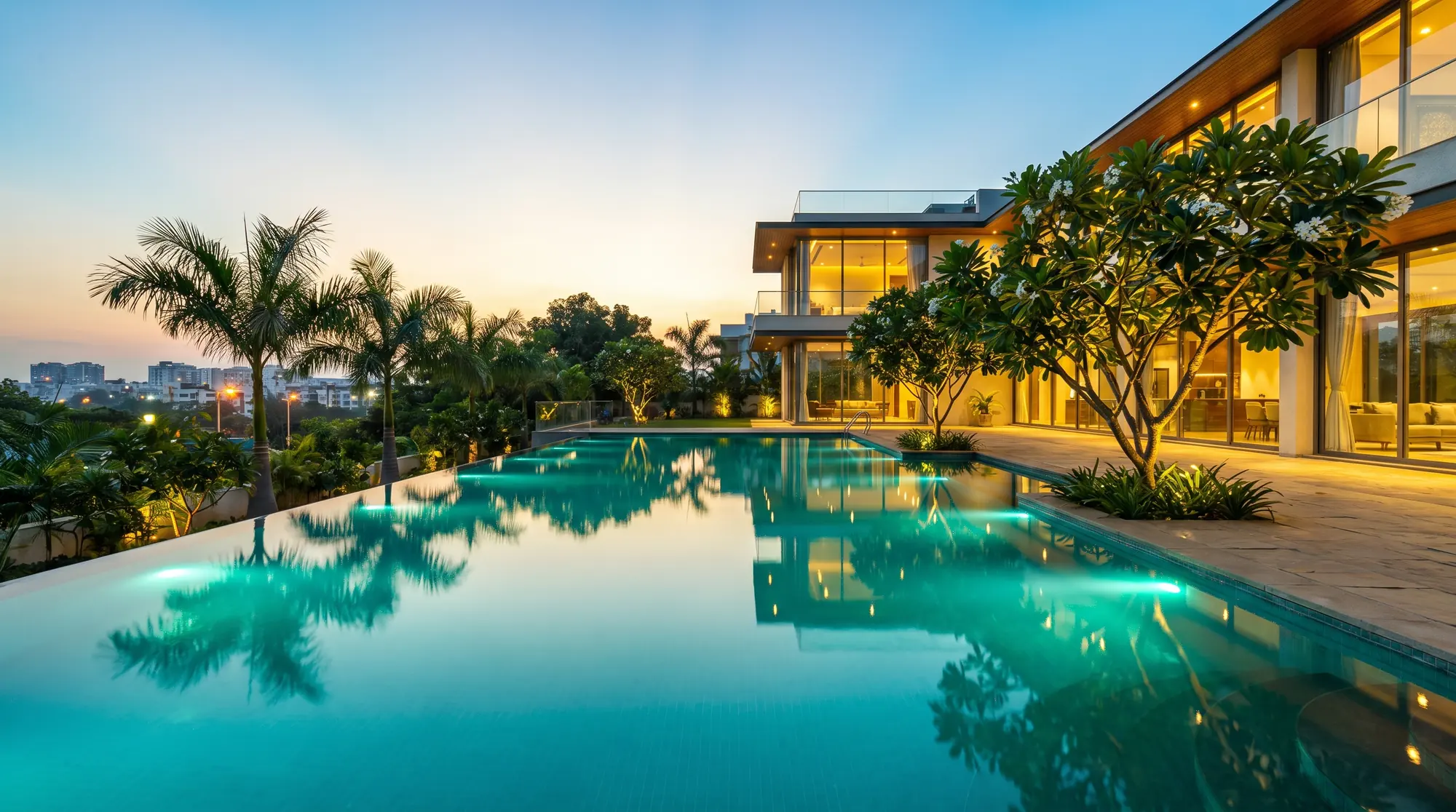 A lit villa swimming pool at dusk, surrounded by stone decking and planting.