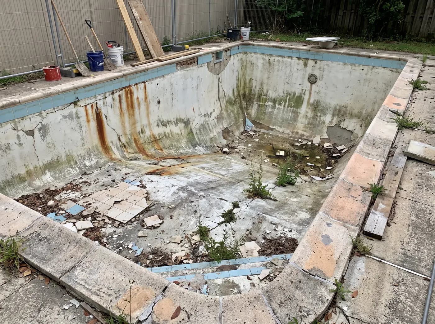The same pool before renovation: stained plaster, cracked tiling and cloudy water.