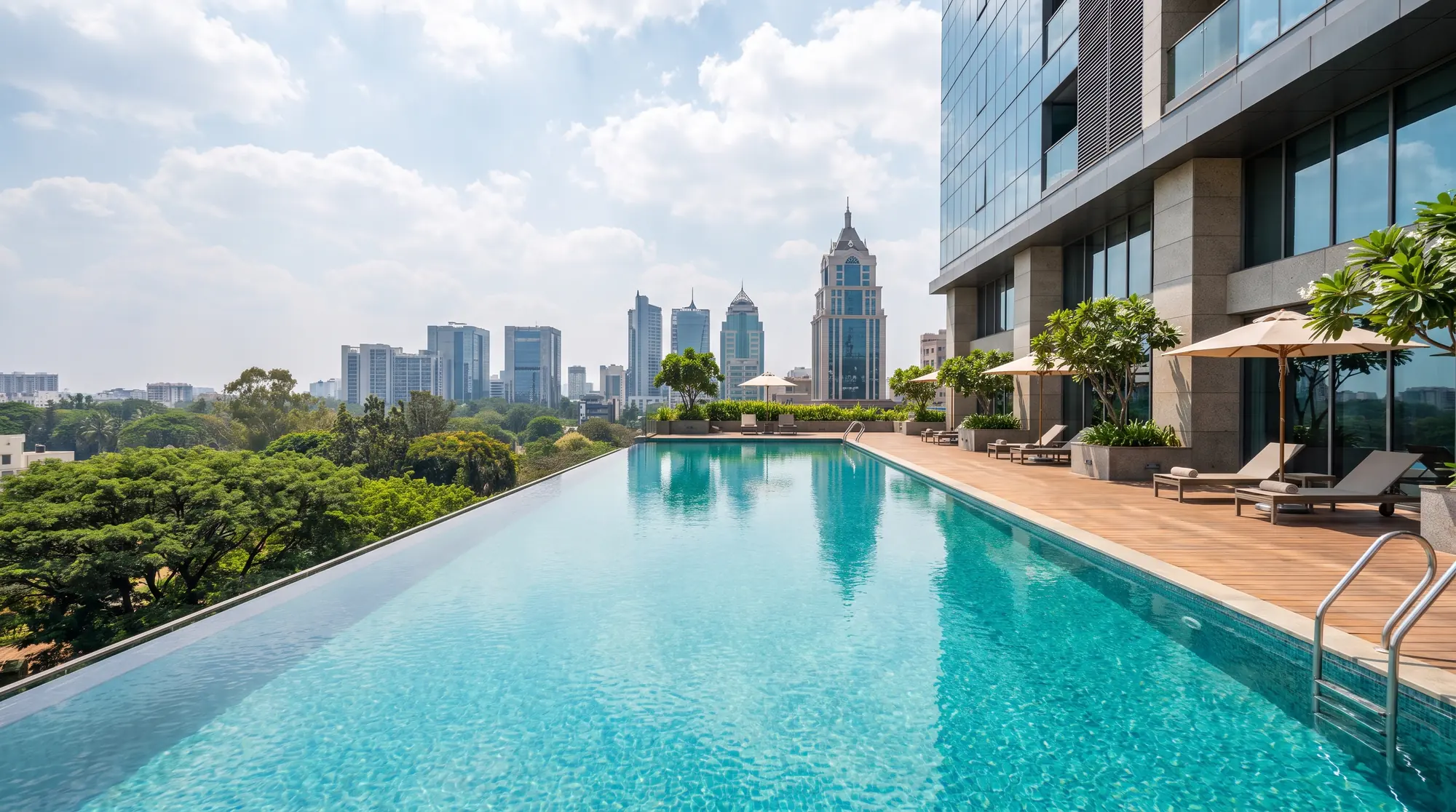 A rooftop infinity-edge pool overlooking the city skyline.